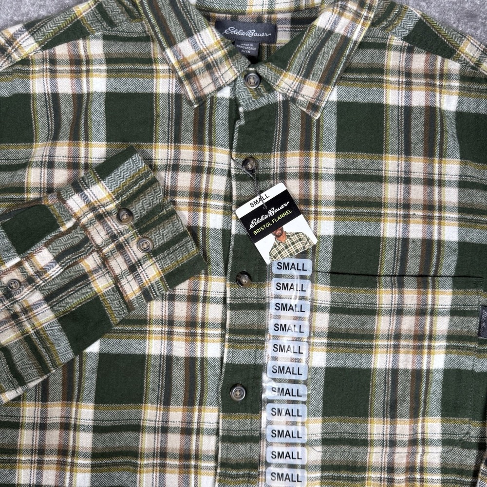 Eddie Bauer Flannel Shirt Men's Small Green Plaid Long Sleeve Button Up Outdoors